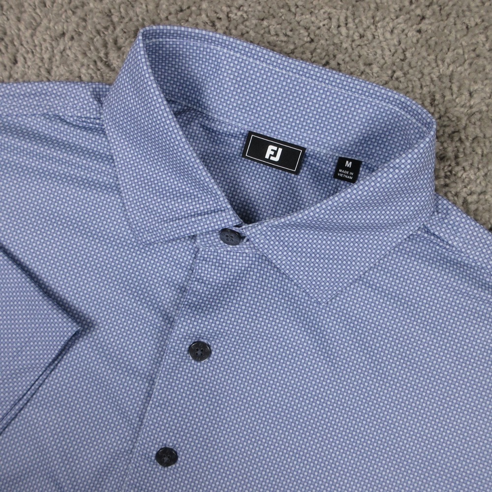 FootJoy Polo Shirt Mens Medium Blue Check Geometric Performance Golf Brook Lake